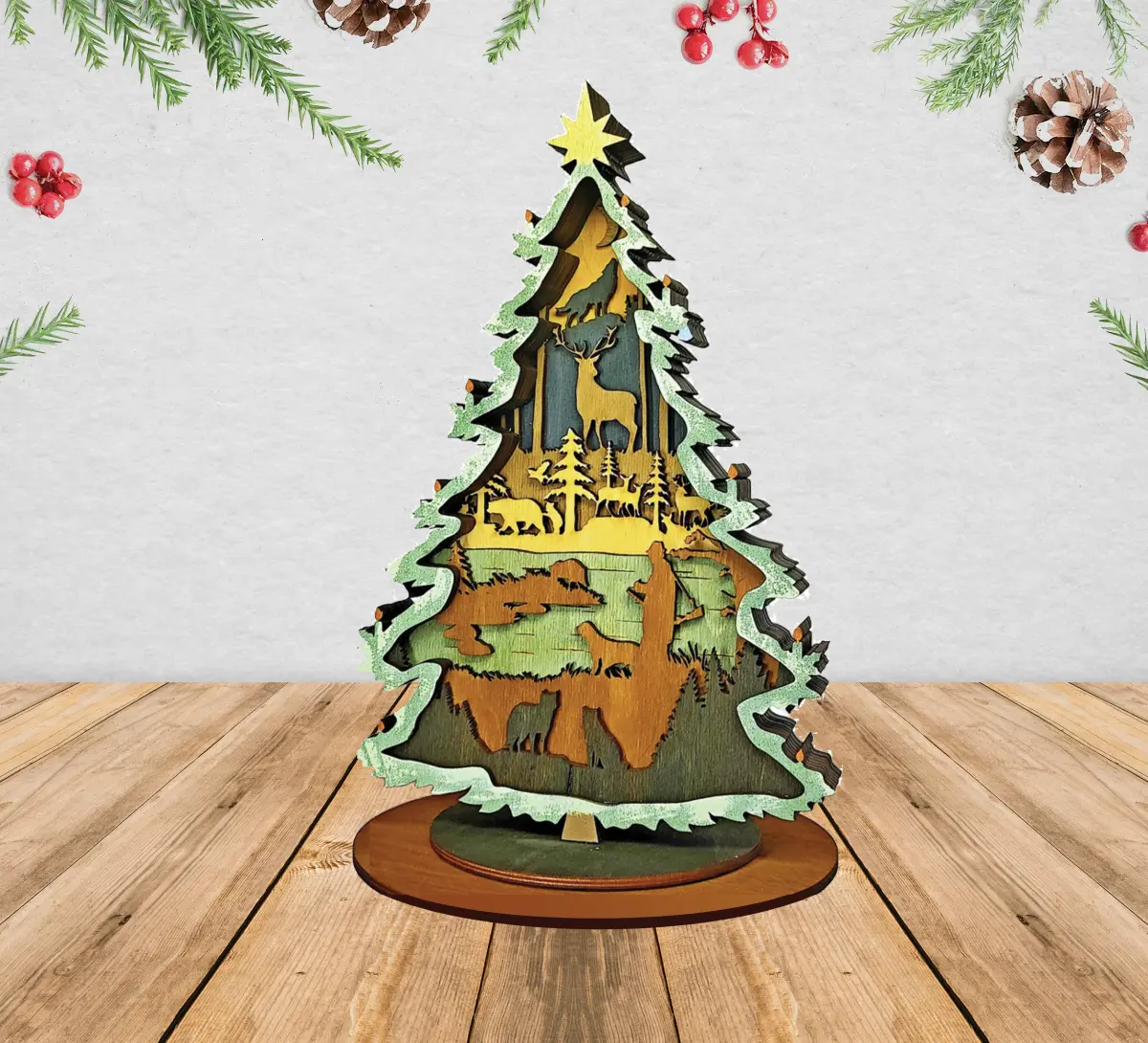 Engraved Christmas Trees Wood 2-D Mantle Pieces Home Decor Angel Tree Designs